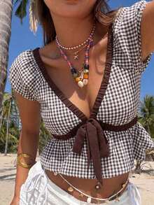 Blusa casual de mujer con cuello en V, estampado de cuadros y detalle de nudo en la parte delantera, de manga corta - Marrón - Ver 6