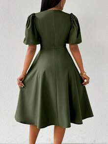Vestido verde de manga abullonada larga, cuello en V, cintura recogida y bajo acampanado, para primavera y verano - Verde militar - Ver 2