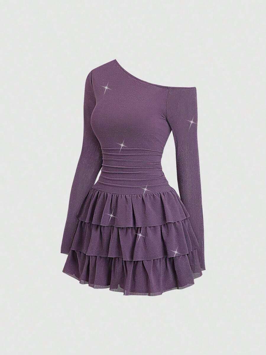 Vestido largo de manga larga con hombro asimétrico, volantes y tela con brillo, elegante y sexy para fiesta, otoño/invierno - Morado - Ver 1