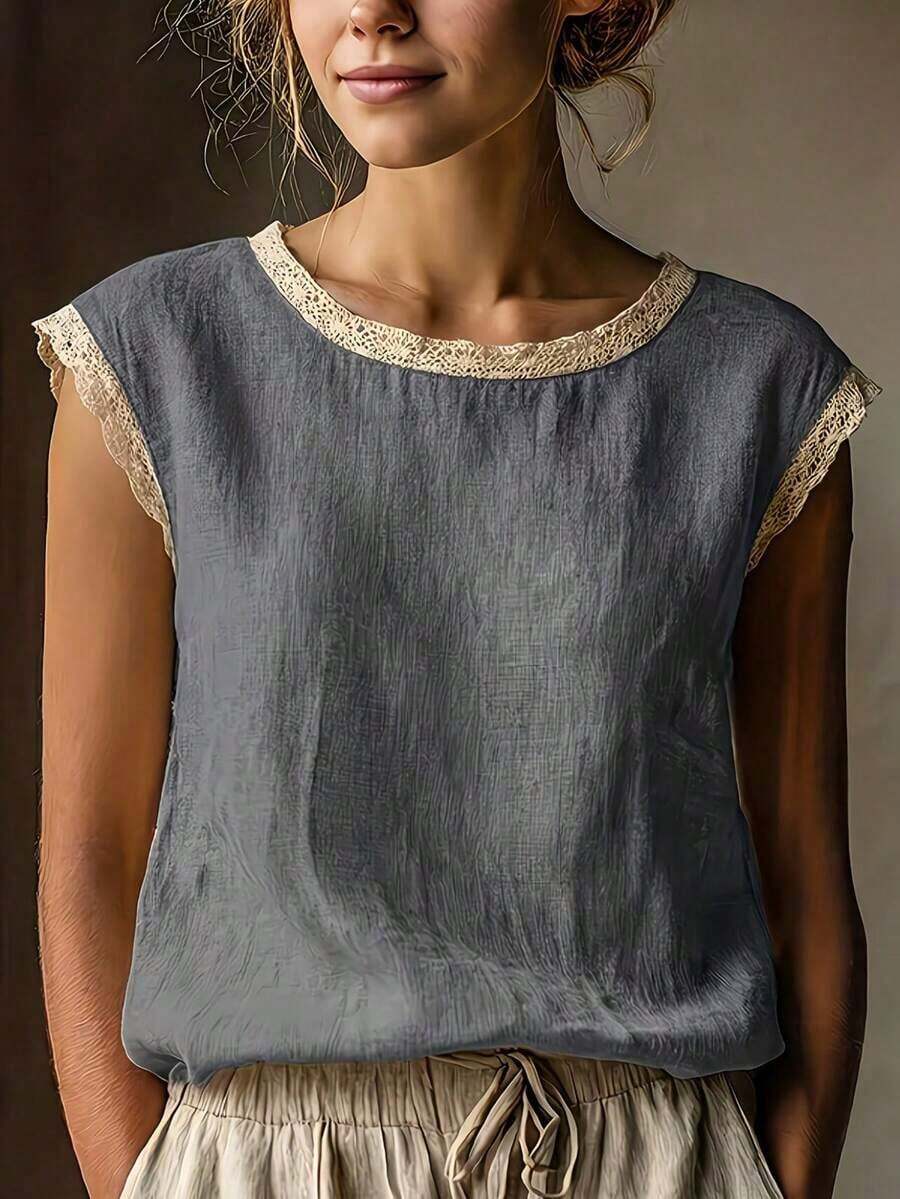 Blusa de manga corta de lino vintage para mujer, camiseta holgada de mezcla de lino con cuello redondo y parches de encaje, transpirable, para verano - Gris de alta calidad - Ver 1