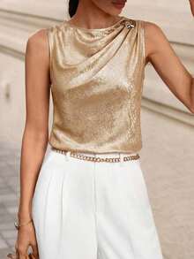 Blusa de satén sin mangas con pliegues para mujer - Albaricoque 2 - Ver 3
