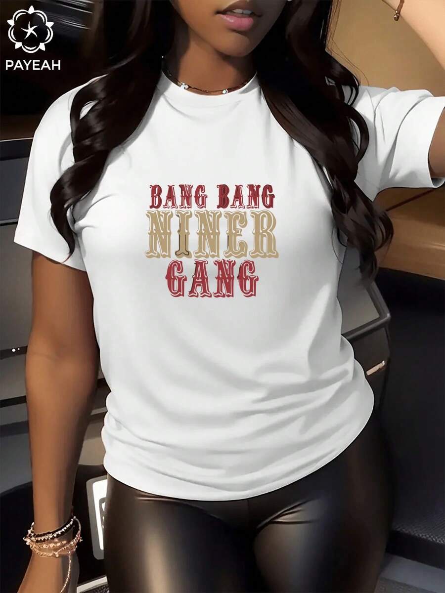 Payeah 1 Pieza Camiseta de Manga Corta para Mujer con Estampado Digital Bang Bang Niner Gang, 100% Algodón, 220g, Holgada, Casual y Versátil, Estilo Y2k - Blanco - Ver 1