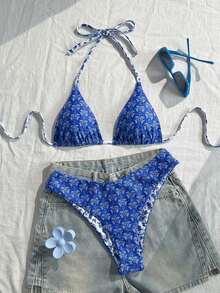Conjunto de bikini de 2 piezas con tirantes finos, cuello halter, base negra, lunares blancos y estampado aleatorio dulce y lindo con corte alto en los laterales para mujer, primavera/verano 2026 - Multicolor 6 - Ver 6