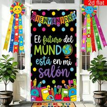 1pc Spanish Back To School Door Cover Party Banner, Polyester, Black Background With Globe And Pencil Pattern, Classroom Decoration Hanging Flags, Spanish Campus Theme Event Decoration, Photo Booth Backdrop - A - View 2