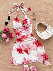 Vestido romántico para vacaciones con estampado floral, cuello halter en V, cuello con lazo, malla fruncida, para uso en la play - Blanco - Ver 1