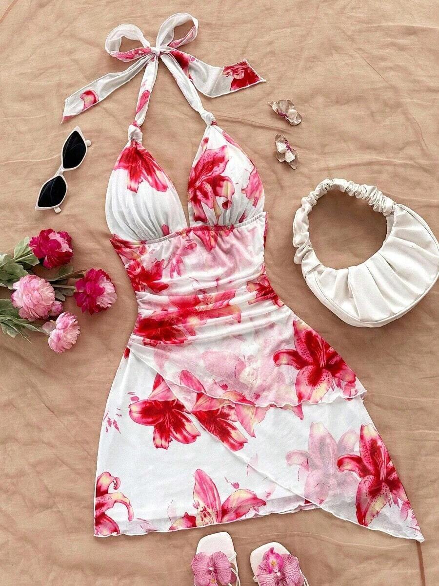 Vestido romántico para vacaciones con estampado floral, cuello halter en V, cuello con lazo, malla fruncida, para uso en la play - Blanco - Ver 1