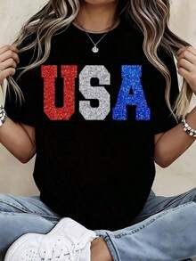 Camiseta Patriótica de Algodón 100% con Brillantina, Estampado Rojo, Blanco y Azul para Celebración del Día de la Independencia, Transpirable, Combina con Todo - Negro - Ver 1