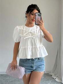 Blusa de verano de mujer con cuello redondo, manga corta abullonada, lazo y volante en la cintura - Blanco 3 - Ver 6