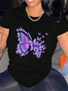 Camiseta manga corta cuello redondo 100% algodón, estampado trendy, tejido ligero y ventilado, estilo moda casual, apta para vida diaria, salidas informales y citas en primavera, verano y otoño - Negro - Ver 1