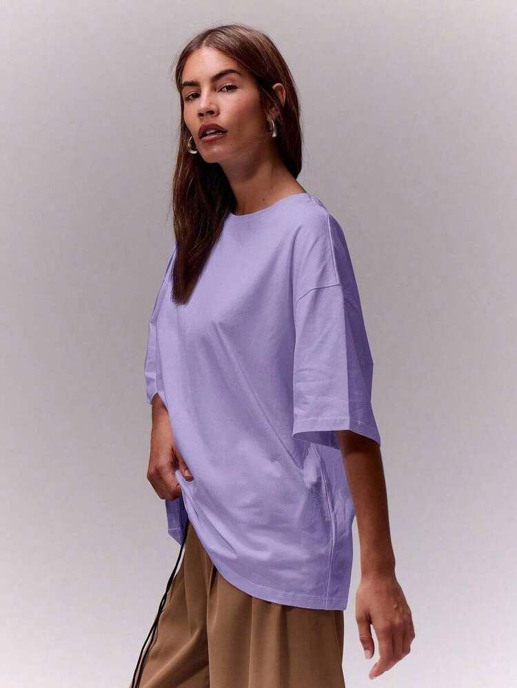 Camiseta de cuello redondo suave y oversize, parte de un armario cápsula casual, camiseta oversize para uso diario, aeropuerto, vuelta al colegio, elegante para primavera y verano, vacaciones - Morado - Añade 4