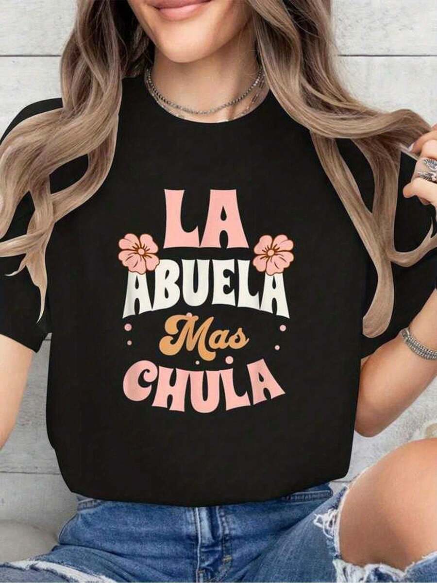Camiseta de Talla Grande para Mujer, 1 Unidad - Camiseta "La Abuela" con Letras Rosas y Estampado Floral, Cuello Redondo Ligero de 180g, I para Regalos del Día de los Abuelos, Día de la Madre, Navidad, Lavable a Máquina, Ropa con Frase en Español