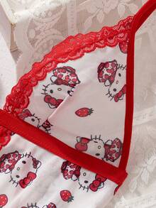 Sanrio Hello Kitty 女款兩件套紅色與白色草莓印花透視開衩蕾絲拼接性感露背睡裙睡衣套裝 - 紅白色 - 查看 4