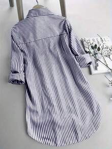 Camisa de mujer de solapa única con rayas y bajo irregular, blusas de manga larga - Azul marino - Ver 2