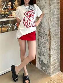 Camiseta Unisex Holgada con Estampado de Cachorro Rojo, Camiseta Deportiva de Manga Corta para Verano, Algodón QXRA - Blanco - Ver 4