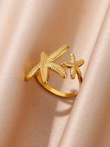 1pc Summer Ocean Style Double Starfish & Pearl Open Ring, 18K Gold Plated Stainless Steel Band, Vacation Versatile Accessory, Beach Trip & Daily Wear Gift - Yellow Gold - View 6