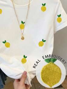 Camiseta de manga corta informal de cuello redondo para mujer, nueva colección de verano, decorada con bordados de limones, ideal para usar en verano. - Blanco - Ver 4