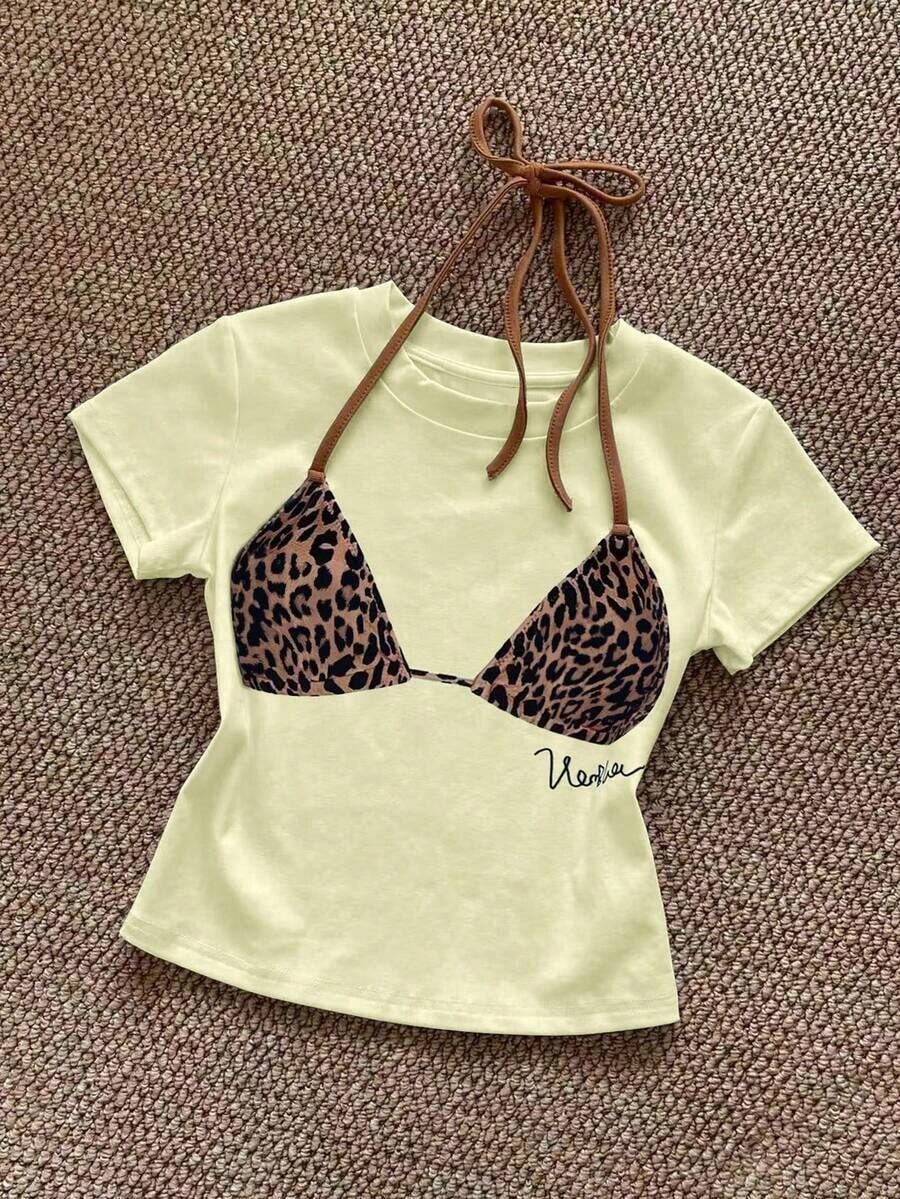 Camiseta de manga corta de cuello redondo ajustada con estampado de leopardo - Amarillo - Ver 1
