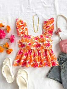 Blusa de corte de línea A con cuello cuadrado, manga corta y estampado retro azul y blanco, adecuada para fiestas, citas, el Día de San Valentín, el té de la tarde - Naranja - Ver 7