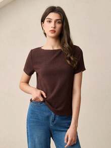 Nueva camiseta de punto texturizada con cuello de barco color café con leche, diseño de lazo ajustable en la cintura, versátil para la oficina, el transporte, los negocios, las ocasiones sociales, estilo Y2K - Café integral - Ver 3