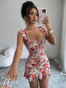 Vestido con estampado floral, volantes y bajo sexy para mujer - Naranja 2 - Ver 8