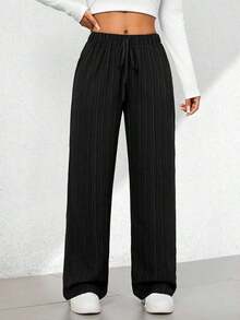 Pantalones capri de pierna ancha con textura de estilo casual de verano - Negro - Ver 5