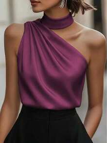 1 pieza Blusa elegante sin mangas de satén de unicolor con volantes asimétricos/asimétricos, adecuada para verano, vacaciones, oficina, hogar, uso diario, fiesta de cumpleaños, eventos formales y casuales - Morado - Ver 1