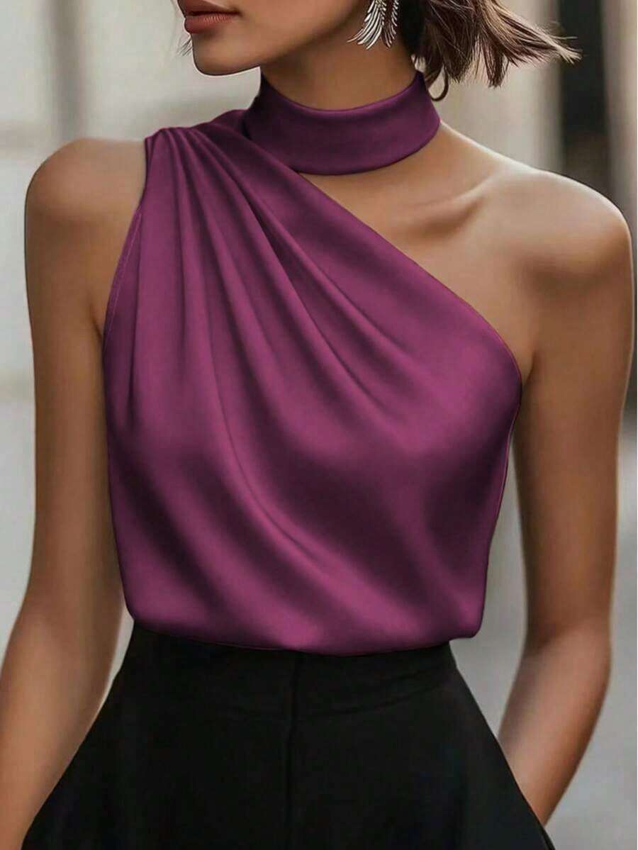 1 pieza Blusa elegante sin mangas de satén de unicolor con volantes asimétricos/asimétricos, adecuada para verano, vacaciones, oficina, hogar, uso diario, fiesta de cumpleaños, eventos formales y casuales - Morado - Ver 1