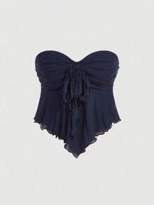 Top tubo de mujer con puntera, tirantes con moño y malla - Azul marino - Ver 1