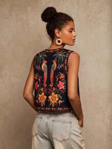 Chaleco ligero de mujer con bordado floral y de loro, chaleco bohemio, chaleco floral, estilo casual de mujer, atuendo para salir, atuendos elegantes, estilo campestre para mujer, atuendos casuales, chaleco elegante - Negro - Ver 2