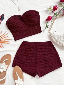 Conjunto de 2 piezas de top bandeau con textura y nudo delantero y shorts de unicolor para vacaciones de verano de mujer - Burdeos - Ver 7