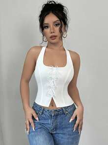 blanca elegante y ajustada con cuello de lazo para volver al colegio - Blanco - Ver 4