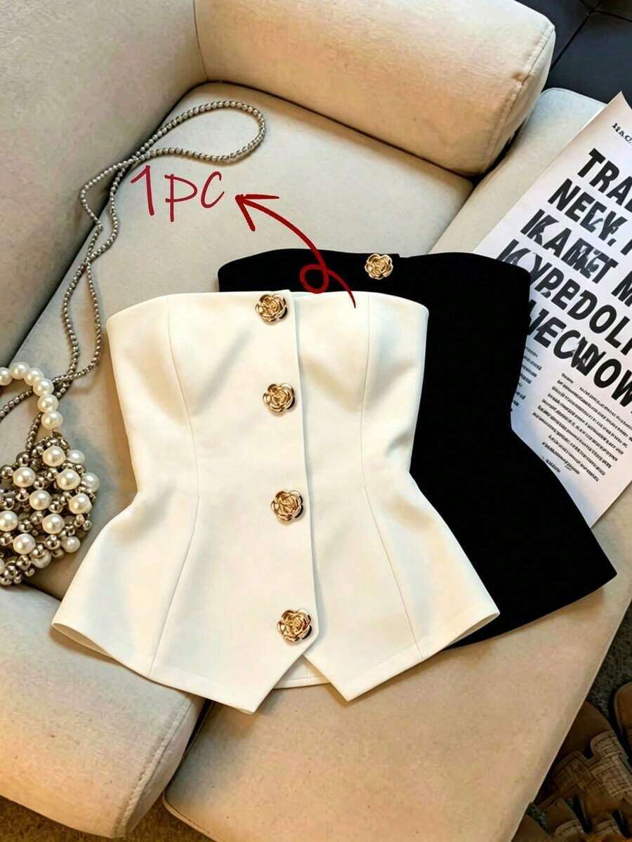 Top de tirantes elegante con decoración de botones florales para mujer, verano - Blanco - Ver 1
