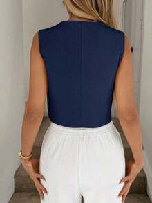 Chaleco negro, chaqueta fina, blusa de oficina para mujer - Azul - Ver 2