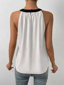 Blusa con cuello en forma de ojo de cerradura y ribete de contraste, parte superior para salir - Blanco - Ver 2