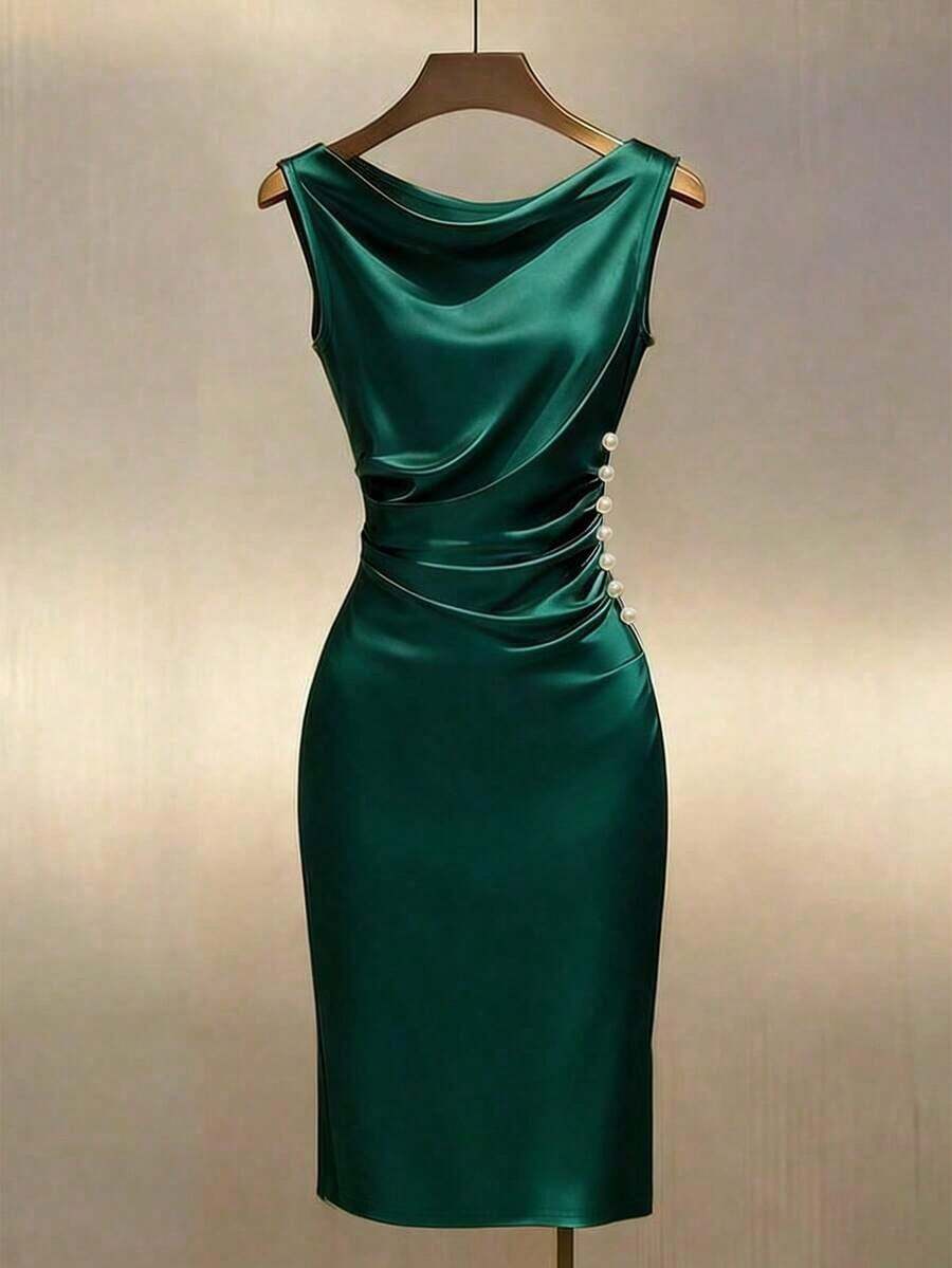 Vestido ajustado sin mangas con cuello drapeado de satén color dorado champán - Verde - Ver 1