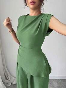 blusas sin mangas de cuello redondo con textura y pliegues de unicolor para mujer - verde menta - Ver 7
