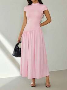Vestido casual largo plisado de manga abullonada y cuello alto en unicolor para mujer, de verano - Rosa - Ver 3