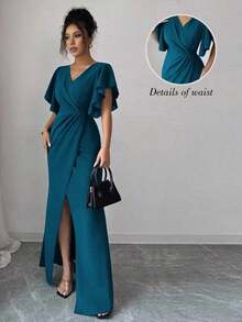 Vestido elegante y romántico para mujer con cuello en V, mangas con volantes, ajuste en la cintura y bajo de cola de sirena - Agua verde azul - Ver 5