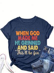 Cuando Dios me creó, sonrió. Camiseta cristiana divertida para mujer, camiseta irónica de fe religiosa de Jesús - Transpirable y agradable para la piel. - Azul - Ver 2