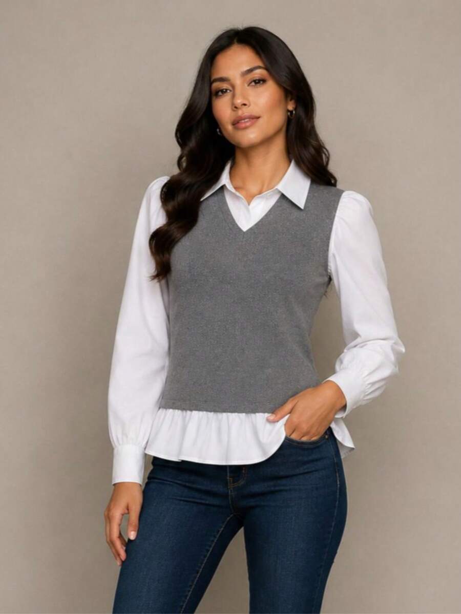 STARFASHIION Camisa Colete Sobreposição Manga Bufante Chique Social Elegante Inverno Festas São João - Cinza - Visão 1
