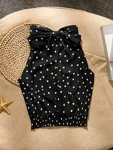 Blusa de mujer de verano, casual y elegante, con cuello de halter y corbata, de tela con textura de lunares - Negro - Ver 2