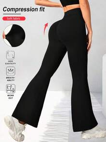 Pantalones acampanados con cintura cruzada para mujer, pantalones deportivos y de yoga de unicolor de poliéster de alta elasticidad, pantalones casuales largos con cintura cruzada, mallas ajustadas de unicolor para entrenamiento, pantalones de pierna ancha de tejido de punto adecuados para fitness y uso casual, negro, primavera - Negro - Ver 6