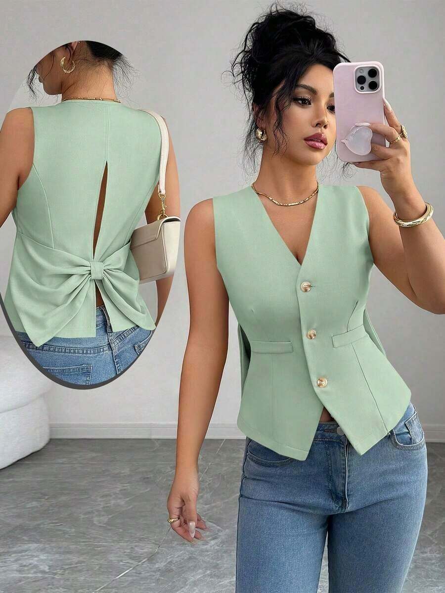 Camiseta de tirantes de mujer de algodón a rayas con lazo y escote en V sin espalda.Ajustada y que realza la figura, muestra por completo el encanto femenino.Adecuada para otoño e invierno, es una opción ideal para citas, vacaciones, ir al - Verde - Ver 1