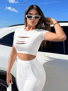 Camiseta crop con abertura delantera - Blanco - Ver 5