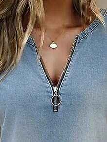 Selamara Camiseta de manga corta de efecto vaquero con cuello en V y diseño con cremallera, casual, para verano - Multicolor 3 - Ver 5
