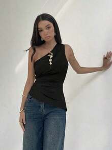 Blusa de moda sin mangas para mujer con cuello oblicuo y fruncido lateral para el trabajo - Gris Oscuro - Ver 7