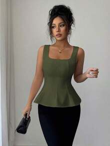 Blusa elegante de cuello cuadrado sin mangas para mujer, adecuada para la oficina, el transporte, el té de la tarde, las fiestas, las vacaciones y ocasiones casuales - Verde militar - Ver 4