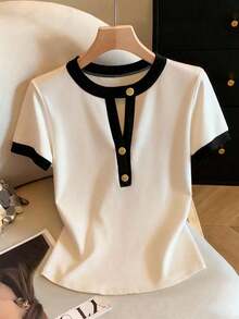 Blusa de mujer de cuello redondo con ribete de contraste, abotonadura metálica de media cartera, manga corta, ajustada y acortada.Top amarillo claro, top amarillo, top amarillo pastel, top de verano, top amarillo lindo, top amarillo para m - Blanco y Negro - Ver 1