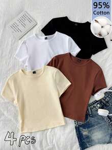 4 piezas Conjunto de camisetas de mujer de cuello redondo de manga corta ajustadas, aptas para el verano y para salir, en negro, blanco, marrón y amarillo crema, 95% algodón, estilo vintage, blusas de verano lindas, estilo softgirl, artículos para salidas de verano, para el hogar, vuelta al colegio, ropa de mujer para otoño, versátil, tops cortos para club y fiesta, paquete de 4 tops cortos básicos de mujer, tops cortos ajustados - Multicolor 3 - Ver 10
