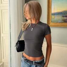 Camiseta de mujer de verano nueva, simple y casual, de corte ceñido y cuello redondo.Versátil y cómoda para el uso diario y las vacaciones. - Gris Oscuro - Ver 8
